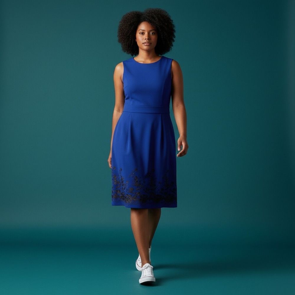 Calvin Klein Dress 22W Royal Blue Floral Embroidered Fit Flare Cocktail NWT Chic